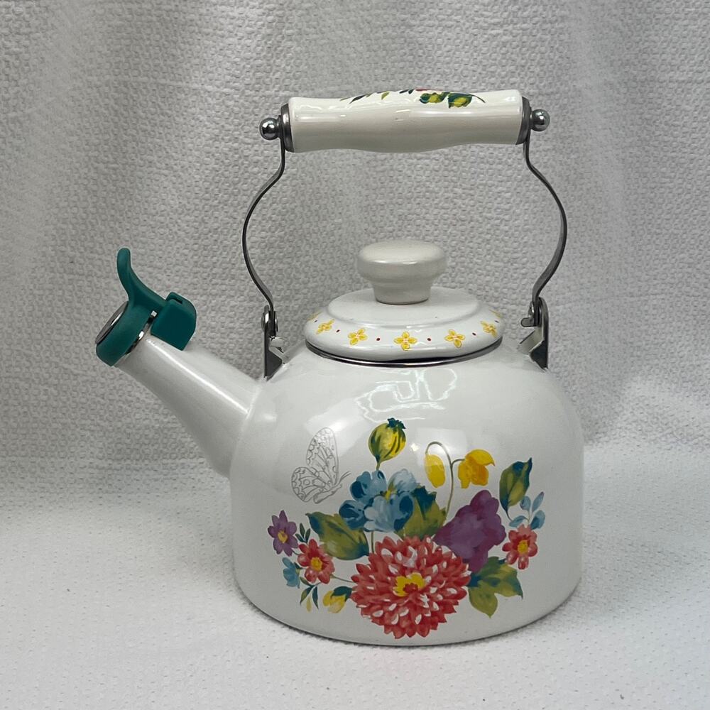The Pioneer Woman Blooming Bouquet Whistling Tea Kettle White EUC With Handle